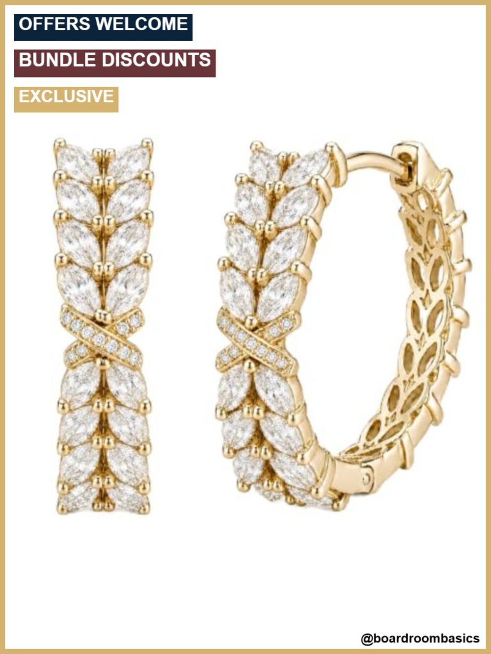 Marquise CZ Leaf Hoop Earrings 14K Gold Plated Hypoallergenic Lightweight